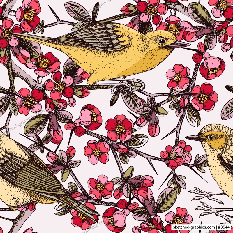 Vector spring background in engraved style. Yellow warbler sitting on blooming Japanese quince branch sketches in color. Songbird with beautiful flowers seamless pattern design for prints or textiles