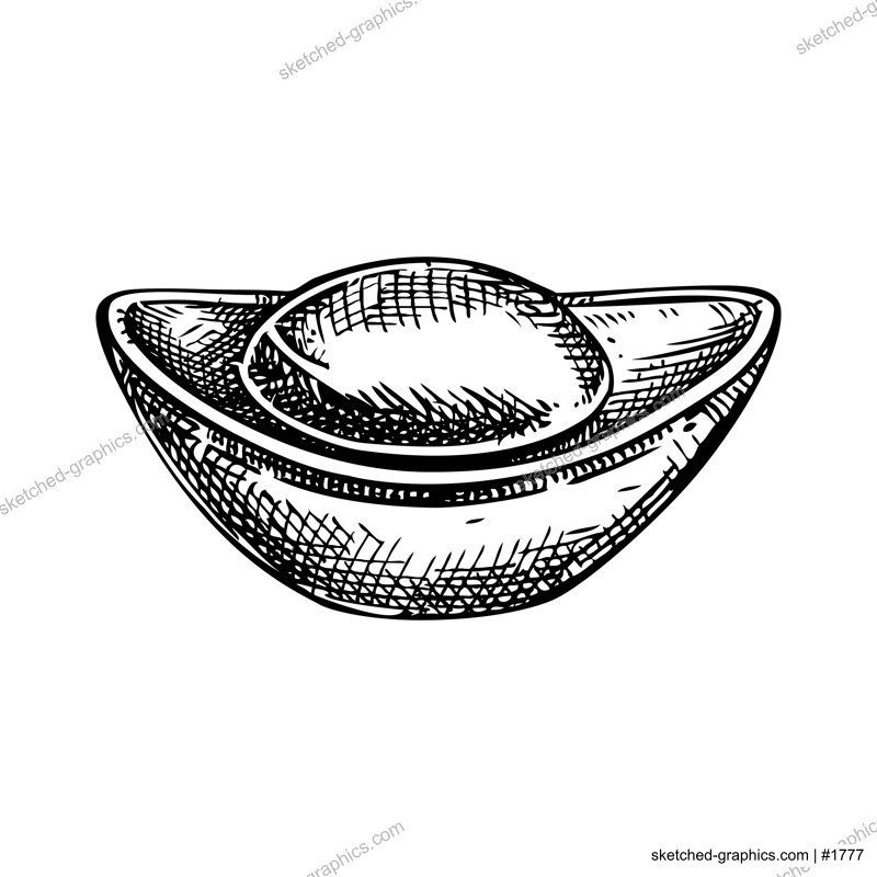 Yuan Bao Chinese gold coin. Imperial golden ingot sketch. Hand drawn vector illustration. NOT AI generated